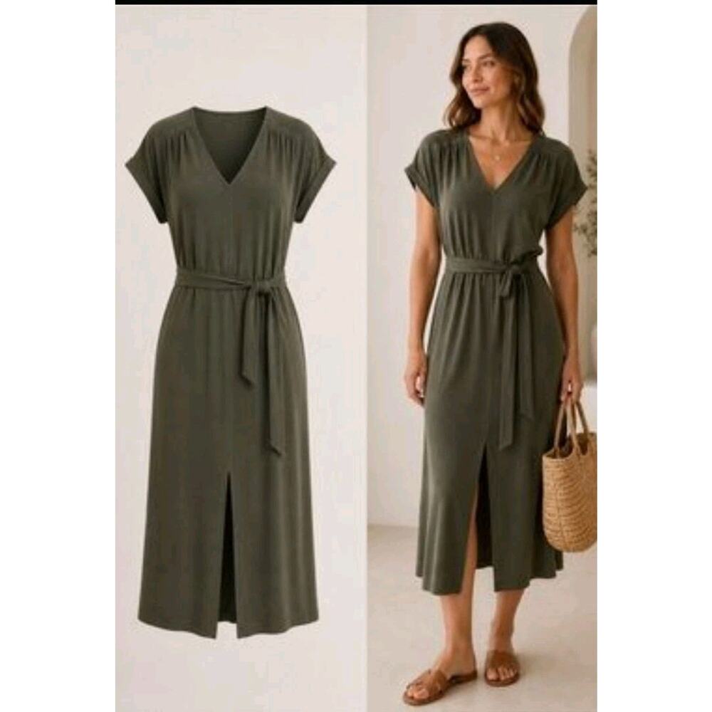 Lou & Grey Olive Green Midi Dress with Tie Waist
